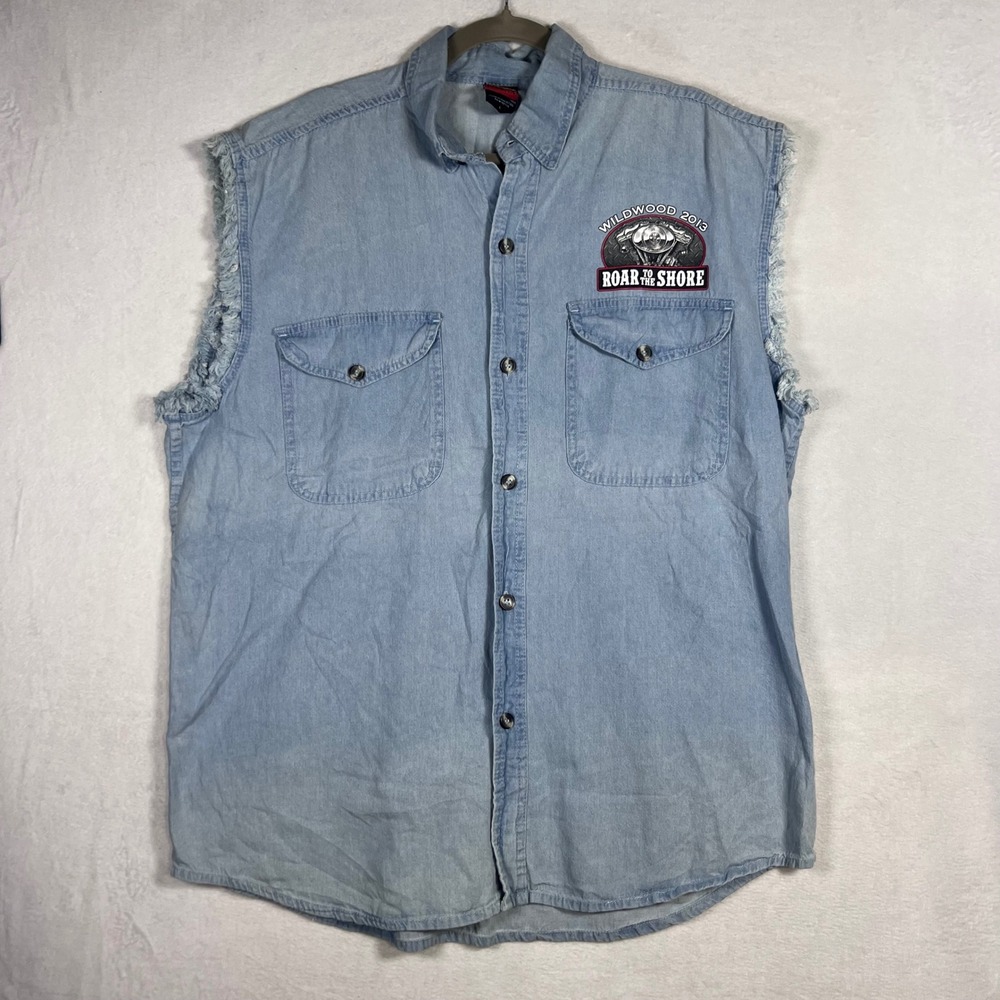 Hot Leathers Roar to the Shore 2013 Wildwood NJ Denim Biker Vest Mens Large Blue